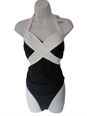 Women’s Black and White Crisscross Halter One-Piece Swimsuit